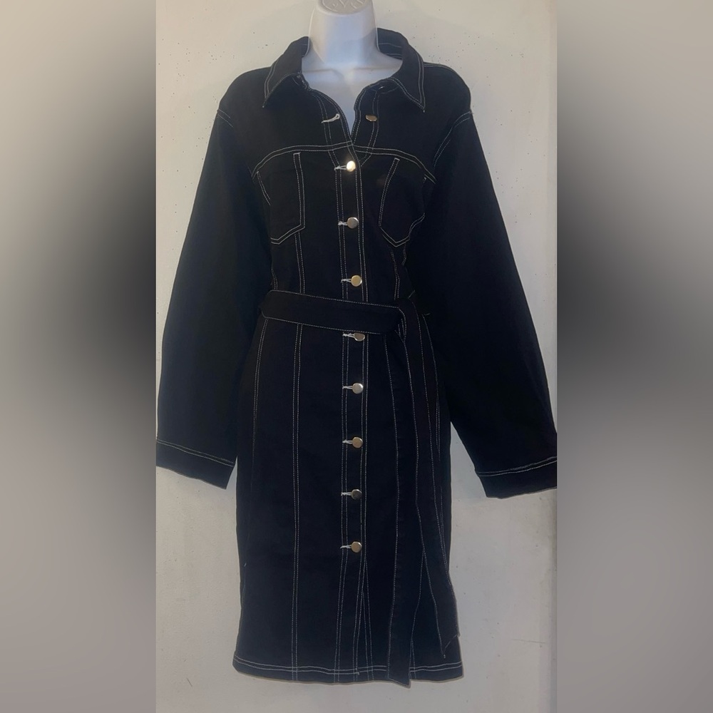 Black Denim Belted Dress with White Stitching